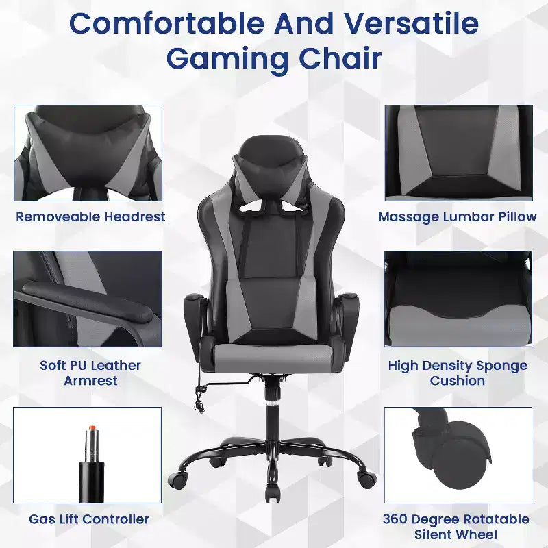 Silla BestMassage Gaming de oficina con respaldo alto y función de masaje con soporte lumbar, de piel sintética, giratoria con ruedas, para adultos y adolescentes