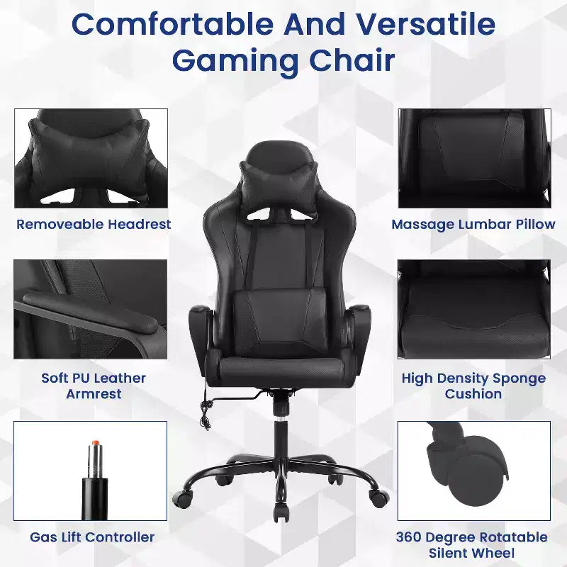 Silla BestMassage Gaming de oficina con respaldo alto y función de masaje con soporte lumbar, de piel sintética, giratoria con ruedas, para adultos y adolescentes
