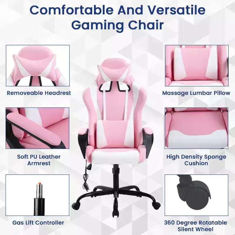Silla BestMassage Gaming de oficina con respaldo alto y función de masaje con soporte lumbar, de piel sintética, giratoria con ruedas, para adultos y adolescentes