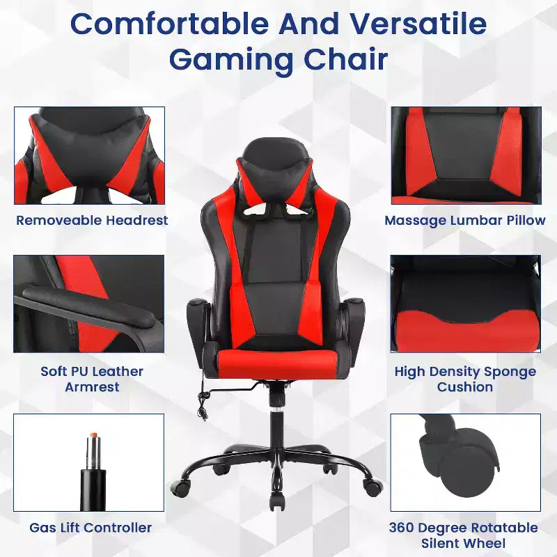 Silla BestMassage Gaming de oficina con respaldo alto y función de masaje con soporte lumbar, de piel sintética, giratoria con ruedas, para adultos y adolescentes