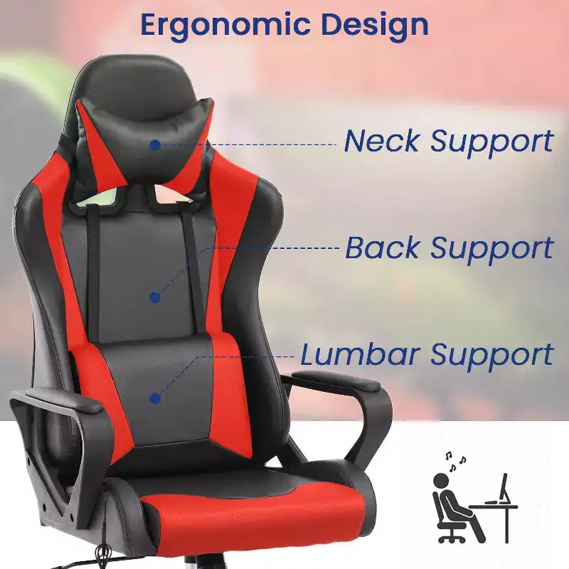 Silla BestMassage Gaming de oficina con respaldo alto y función de masaje con soporte lumbar, de piel sintética, giratoria con ruedas, para adultos y adolescentes