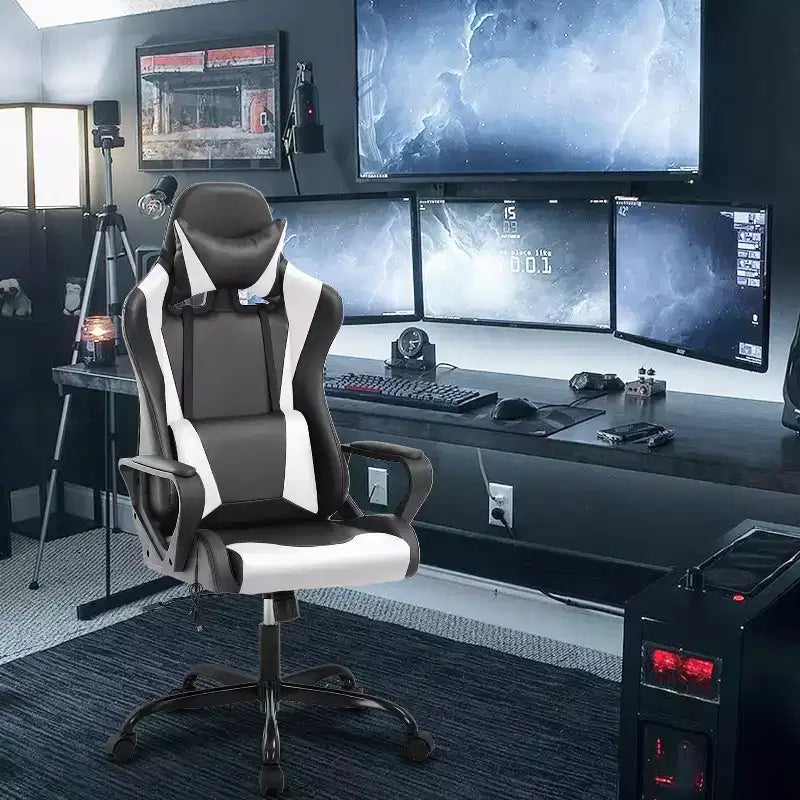 Silla BestMassage Gaming de oficina con respaldo alto y función de masaje con soporte lumbar, de piel sintética, giratoria con ruedas, para adultos y adolescentes