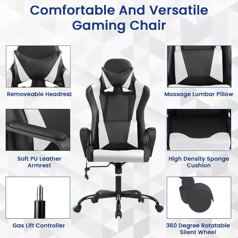 Silla BestMassage Gaming de oficina con respaldo alto y función de masaje con soporte lumbar, de piel sintética, giratoria con ruedas, para adultos y adolescentes