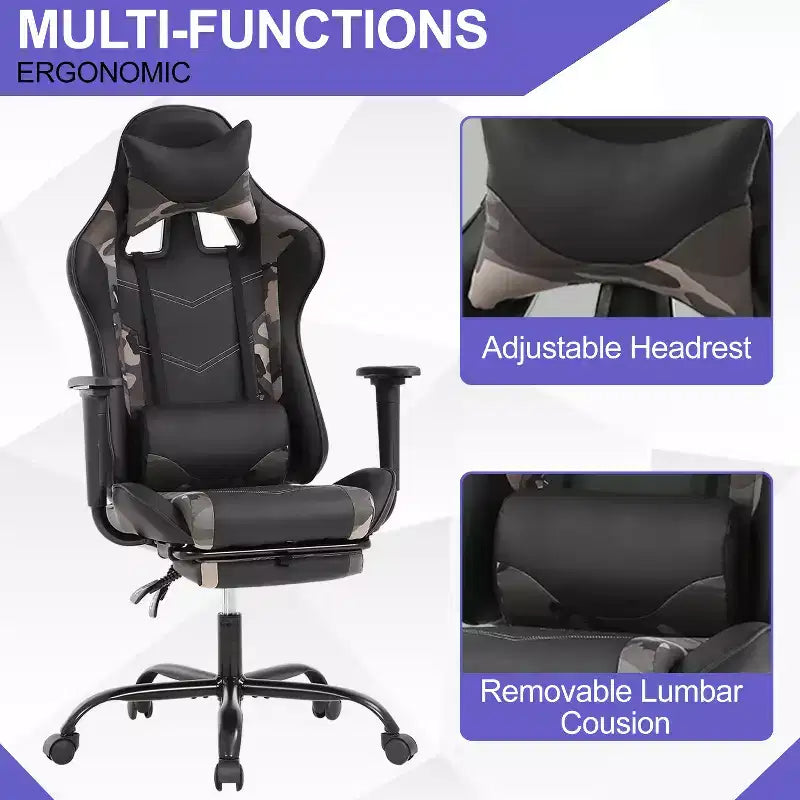Silla Gamer BestMassage Silla de Computadora para Juegos con Soporte Lumbar y Reposapiés Diseño Giratorio con Ruedas Silla de Oficina para Hogar, Oficina y Juegos