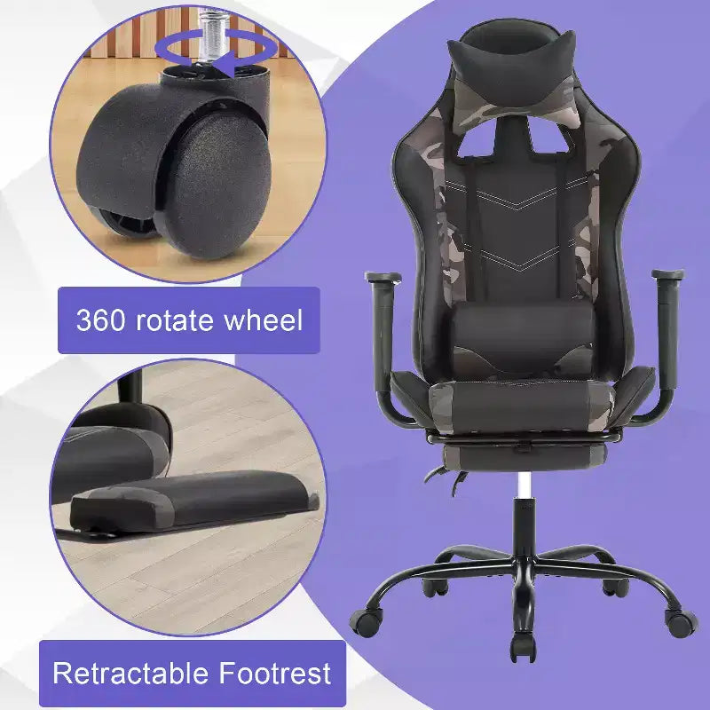Silla Gamer BestMassage Silla de Computadora para Juegos con Soporte Lumbar y Reposapiés Diseño Giratorio con Ruedas Silla de Oficina para Hogar, Oficina y Juegos