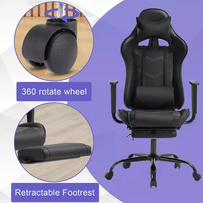 Silla Gamer BestMassage Silla de Computadora para Juegos con Soporte Lumbar y Reposapiés Diseño Giratorio con Ruedas Silla de Oficina para Hogar, Oficina y Juegos