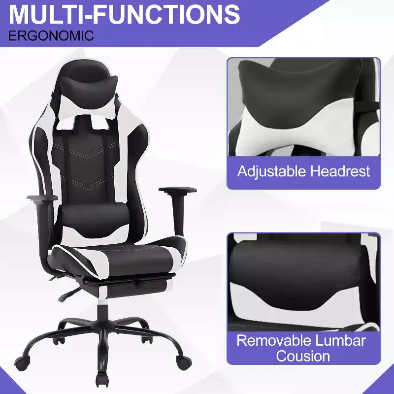 Silla Gamer BestMassage Silla de Computadora para Juegos con Soporte Lumbar y Reposapiés Diseño Giratorio con Ruedas Silla de Oficina para Hogar, Oficina y Juegos