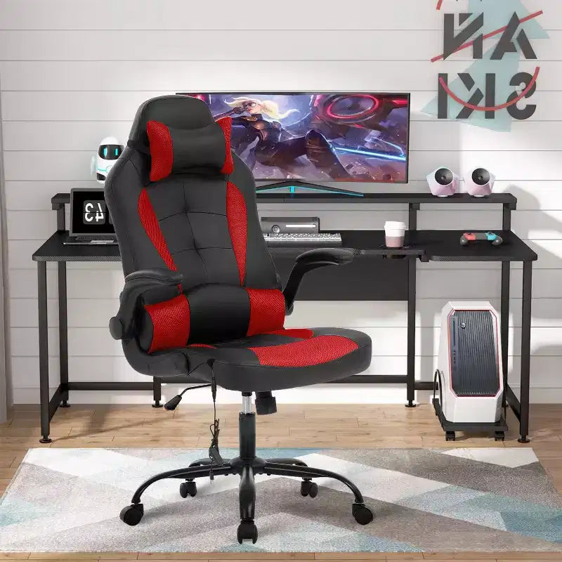 Silla de juego BestMassage Silla de escritorio para computadora con soporte lumbar Tapicería y base de silla giratoria con ruedas para juegos de PC y uso ejecutivo