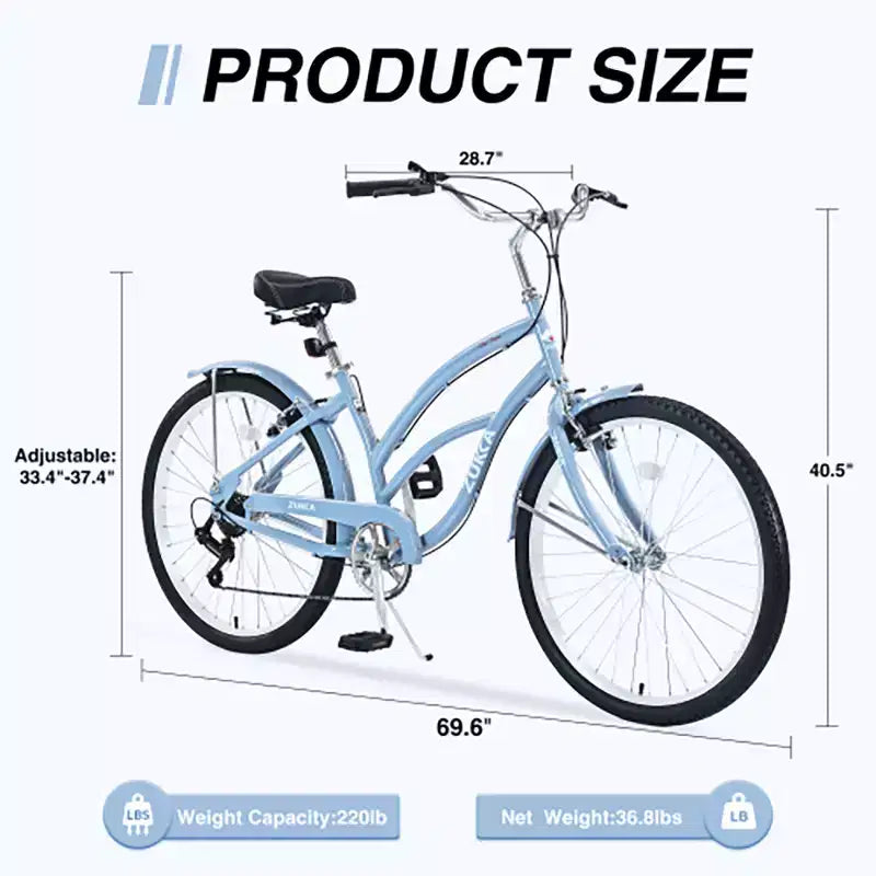 Bicicleta Crucero de 26 Pulgadas, 7 Velocidades Múltiples Colores Hombres Mujeres Bicicleta Crucero de Playa con Frenos V Delanteros y Traseros