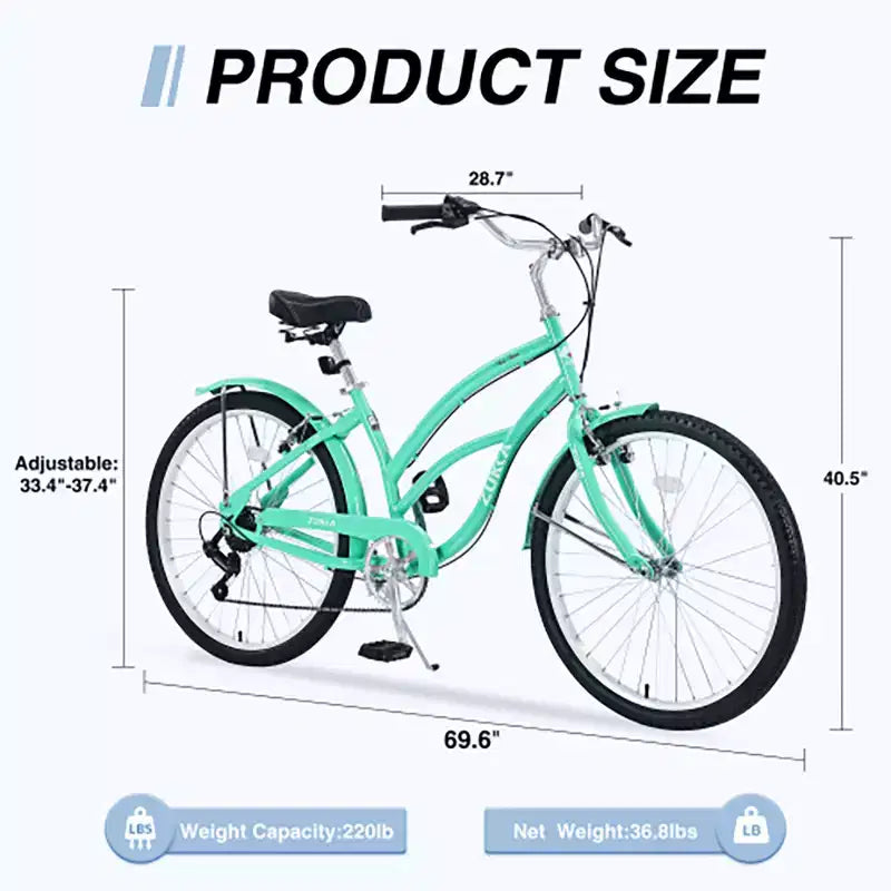 Bicicleta Crucero de 26 Pulgadas, 7 Velocidades Múltiples Colores Hombres Mujeres Bicicleta Crucero de Playa con Frenos V Delanteros y Traseros