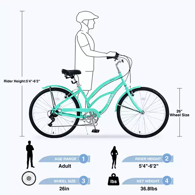 Bicicleta Crucero de 26 Pulgadas, 7 Velocidades Múltiples Colores Hombres Mujeres Bicicleta Crucero de Playa con Frenos V Delanteros y Traseros