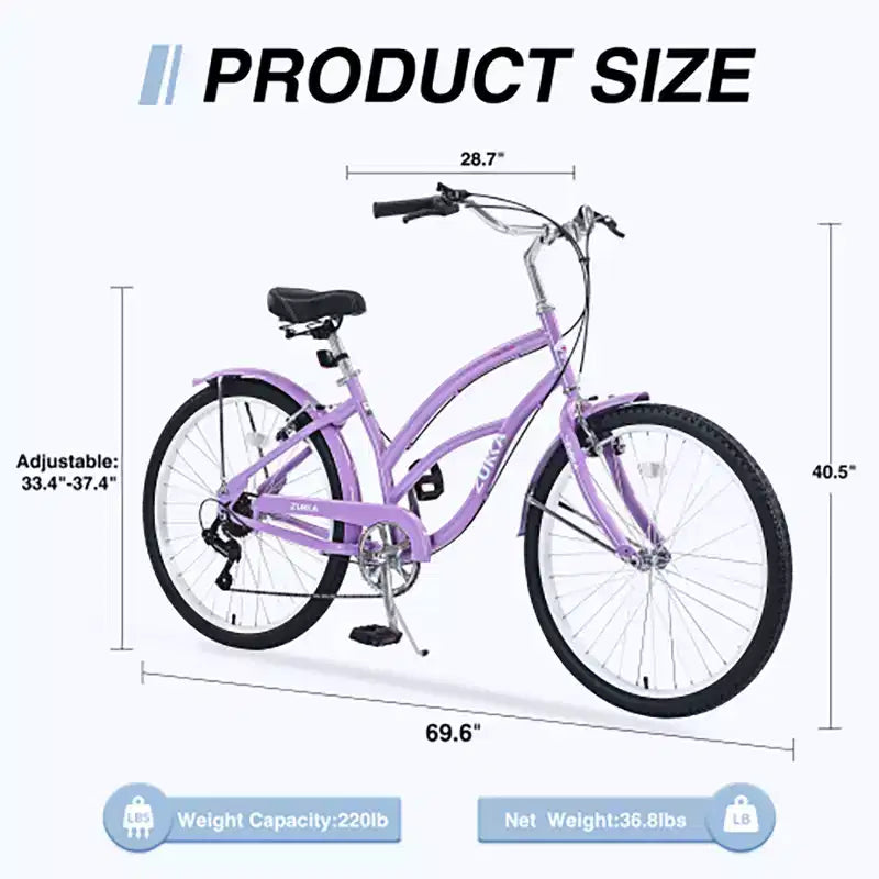 Bicicleta Crucero de 26 Pulgadas, 7 Velocidades Múltiples Colores Hombres Mujeres Bicicleta Crucero de Playa con Frenos V Delanteros y Traseros