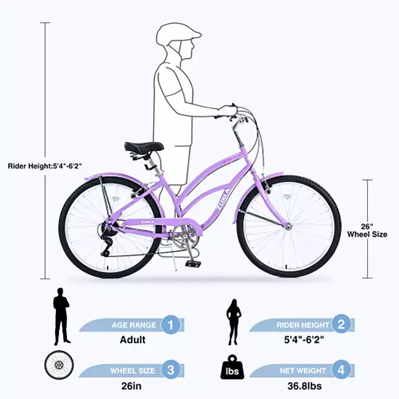 Bicicleta Crucero de 26 Pulgadas, 7 Velocidades Múltiples Colores Hombres Mujeres Bicicleta Crucero de Playa con Frenos V Delanteros y Traseros