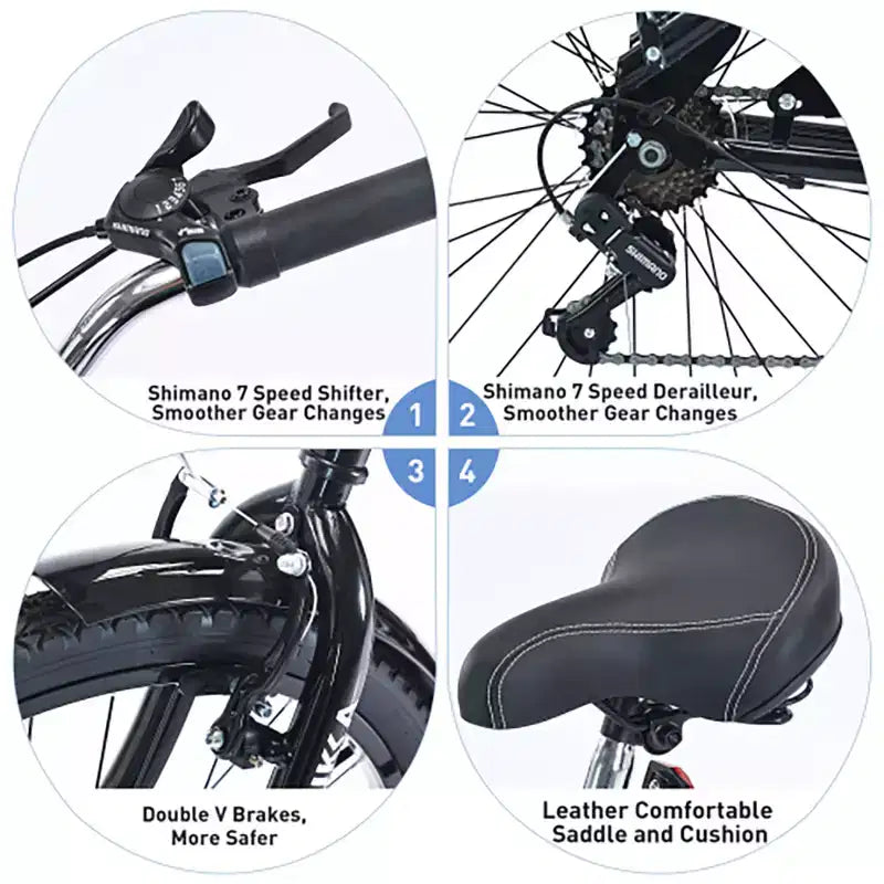 Bicicleta Crucero de 26 Pulgadas, 7 Velocidades Múltiples Colores Hombres Mujeres Bicicleta Crucero de Playa con Frenos V Delanteros y Traseros