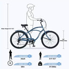 Bicicleta Crucero de 26 Pulgadas, 7 Velocidades Múltiples Colores Hombres Mujeres Bicicleta Crucero de Playa con Frenos V Delanteros y Traseros