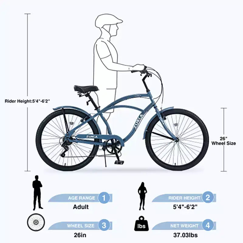 Bicicleta Crucero de 26 Pulgadas, 7 Velocidades Múltiples Colores Hombres Mujeres Bicicleta Crucero de Playa con Frenos V Delanteros y Traseros