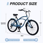 Bicicleta Crucero de 26 Pulgadas, 7 Velocidades Múltiples Colores Hombres Mujeres Bicicleta Crucero de Playa con Frenos V Delanteros y Traseros