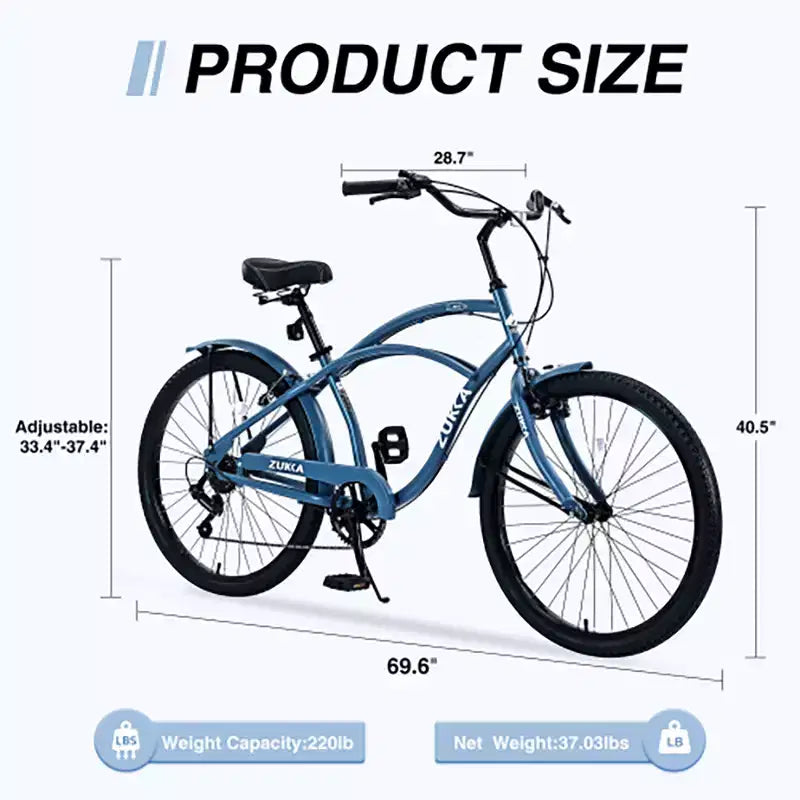 Bicicleta Crucero de 26 Pulgadas, 7 Velocidades Múltiples Colores Hombres Mujeres Bicicleta Crucero de Playa con Frenos V Delanteros y Traseros