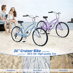 Bicicleta Crucero de 26 Pulgadas, 7 Velocidades Múltiples Colores Hombres Mujeres Bicicleta Crucero de Playa con Frenos V Delanteros y Traseros