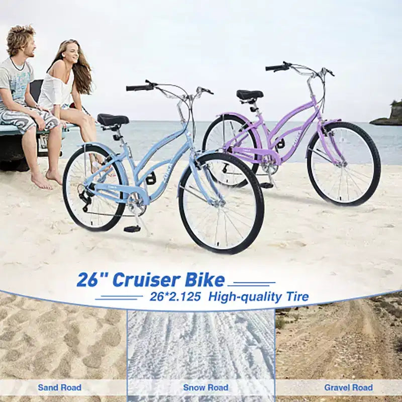 Bicicleta Crucero de 26 Pulgadas, 7 Velocidades Múltiples Colores Hombres Mujeres Bicicleta Crucero de Playa con Frenos V Delanteros y Traseros