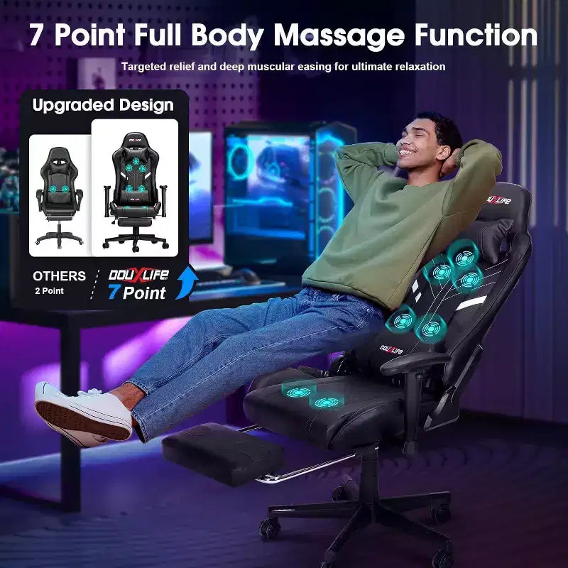 Douxlife Silla Ergonómica Gamer Moderna con Masaje de 7 Puntos, Reposapiés y Reposabrazos Ajustables Negra