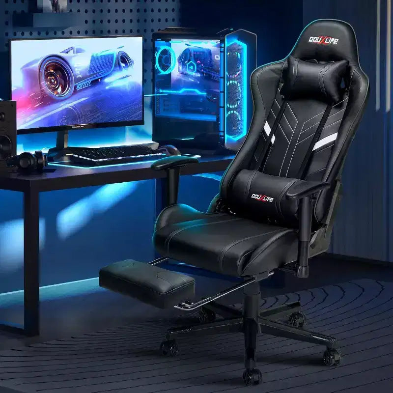 Douxlife Silla Ergonómica Gamer Moderna con Masaje de 7 Puntos, Reposapiés y Reposabrazos Ajustables Negra