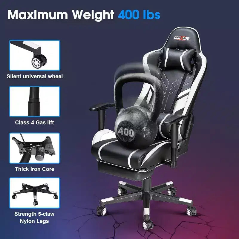Sillón Ergonómico para Juegos Douxlife Modern con Masaje de 7 Puntos, Reposapiés y Apoyabrazos Ajustables, Negro Blanco