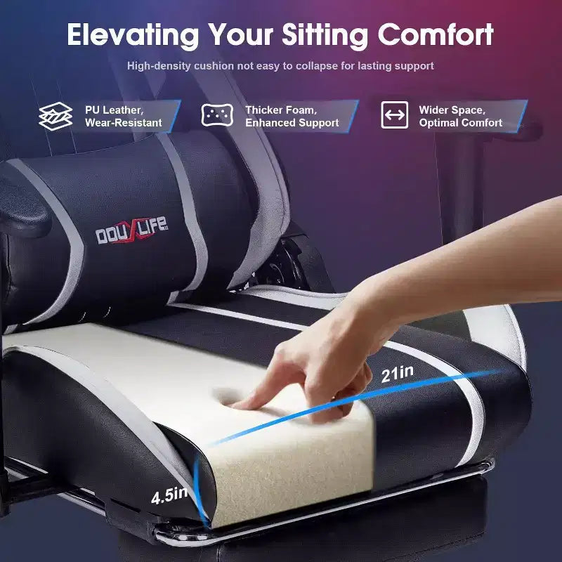 Sillón Ergonómico para Juegos Douxlife Modern con Masaje de 7 Puntos, Reposapiés y Apoyabrazos Ajustables, Negro Blanco