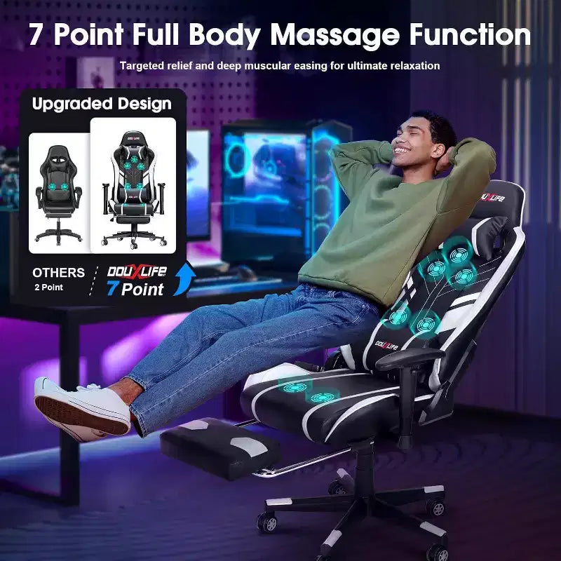 Sillón Ergonómico para Juegos Douxlife Modern con Masaje de 7 Puntos, Reposapiés y Apoyabrazos Ajustables, Negro Blanco
