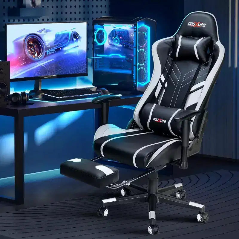 Sillón Ergonómico para Juegos Douxlife Modern con Masaje de 7 Puntos, Reposapiés y Apoyabrazos Ajustables, Negro Blanco
