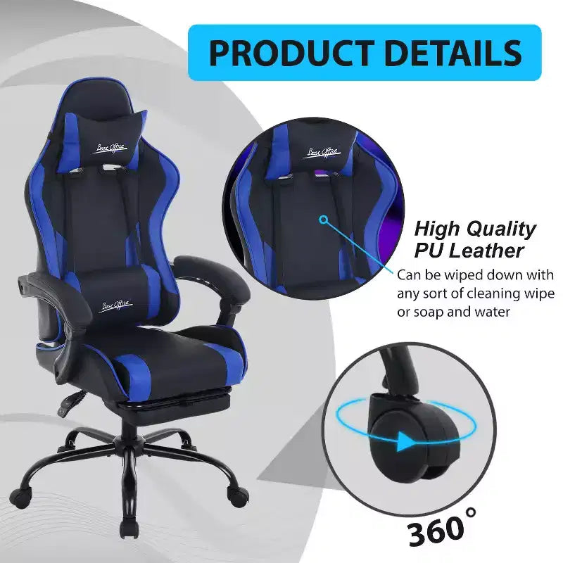 FDW Silla Gaming Silla de Escritorio de Carreras con Reposapiés Soporte Lumbar Reposacabezas Reposabrazos Silla de Oficina Giratoria Ajustable para PC Gamer