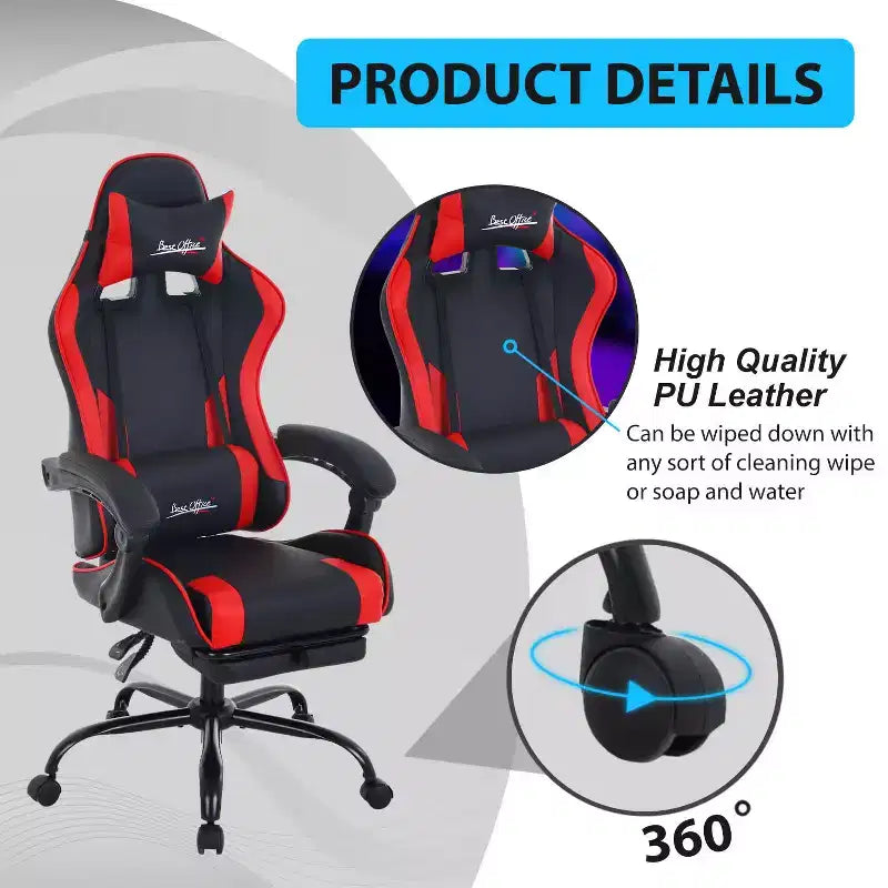 FDW Silla Gaming Silla de Escritorio de Carreras con Reposapiés Soporte Lumbar Reposacabezas Reposabrazos Silla de Oficina Giratoria Ajustable para PC Gamer