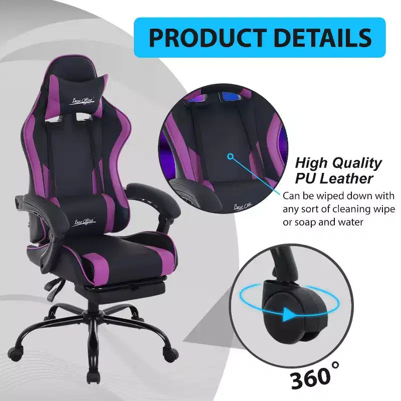 FDW Silla Gaming Silla de Escritorio de Carreras con Reposapiés Soporte Lumbar Reposacabezas Reposabrazos Silla de Oficina Giratoria Ajustable para PC Gamer