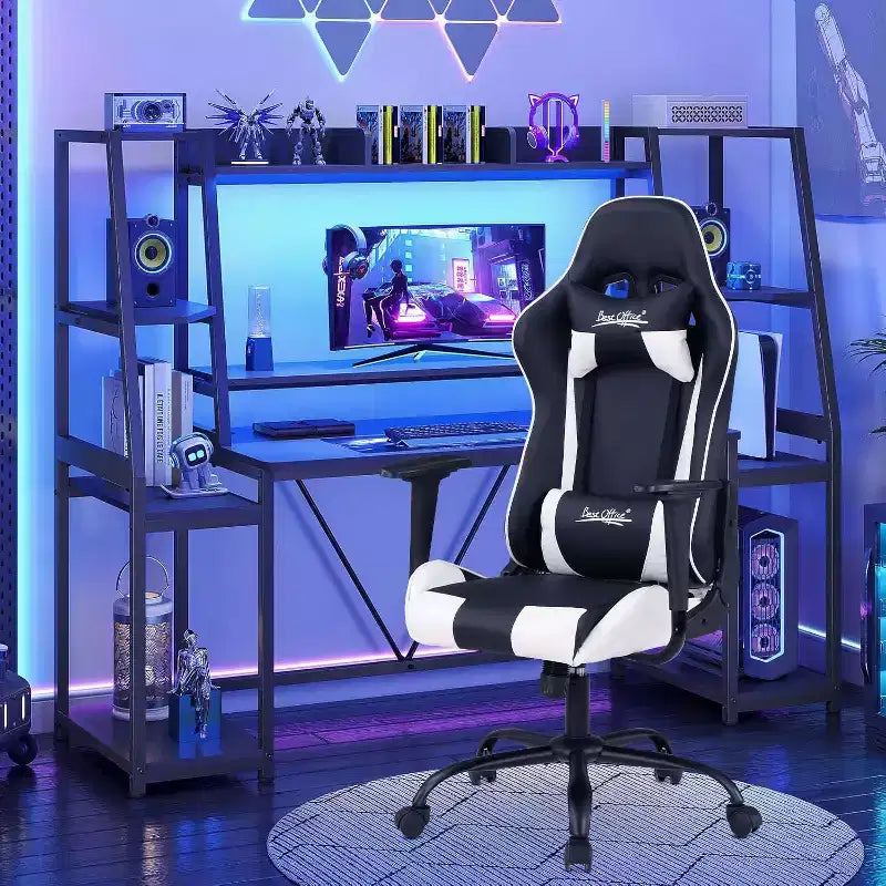 Silla de oficina para juegos BestMassage con soporte lumbar, reposacabezas, reposabrazos y silla de ordenador giratoria con ruedas para PC Gamer