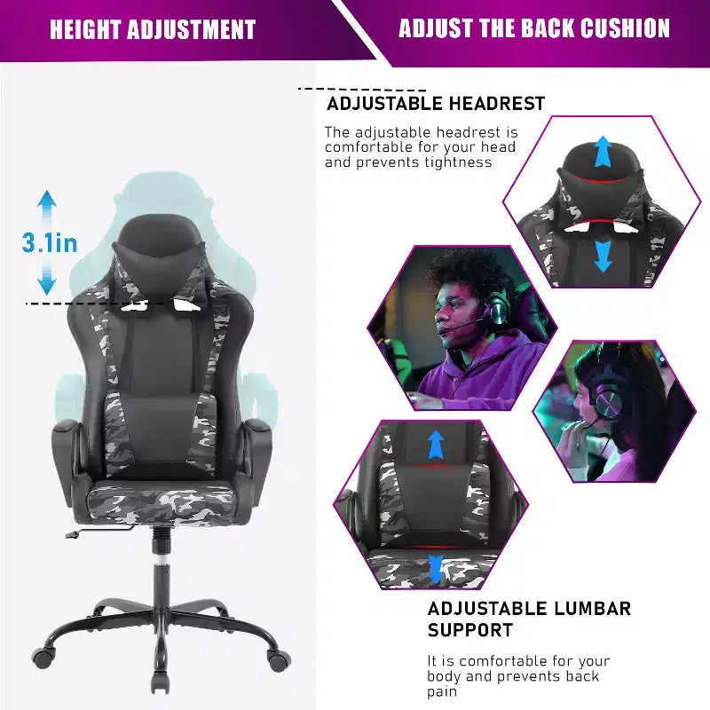 BestMassage Silla de escritorio para juegos Silla de oficina Silla de computadora con reposabrazos Soporte lumbar giratorio 360 Silla ejecutiva para adultos