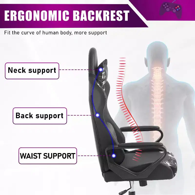 BestMassage Silla de escritorio para juegos Silla de oficina Silla de computadora con reposabrazos Soporte lumbar giratorio 360 Silla ejecutiva para adultos