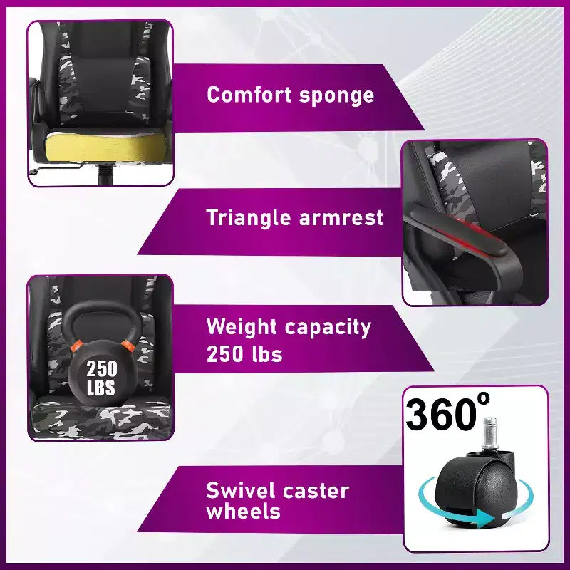 BestMassage Silla de escritorio para juegos Silla de oficina Silla de computadora con reposabrazos Soporte lumbar giratorio 360 Silla ejecutiva para adultos