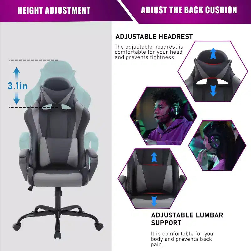 BestMassage Silla de escritorio para juegos Silla de oficina Silla de computadora con reposabrazos Soporte lumbar giratorio 360 Silla ejecutiva para adultos