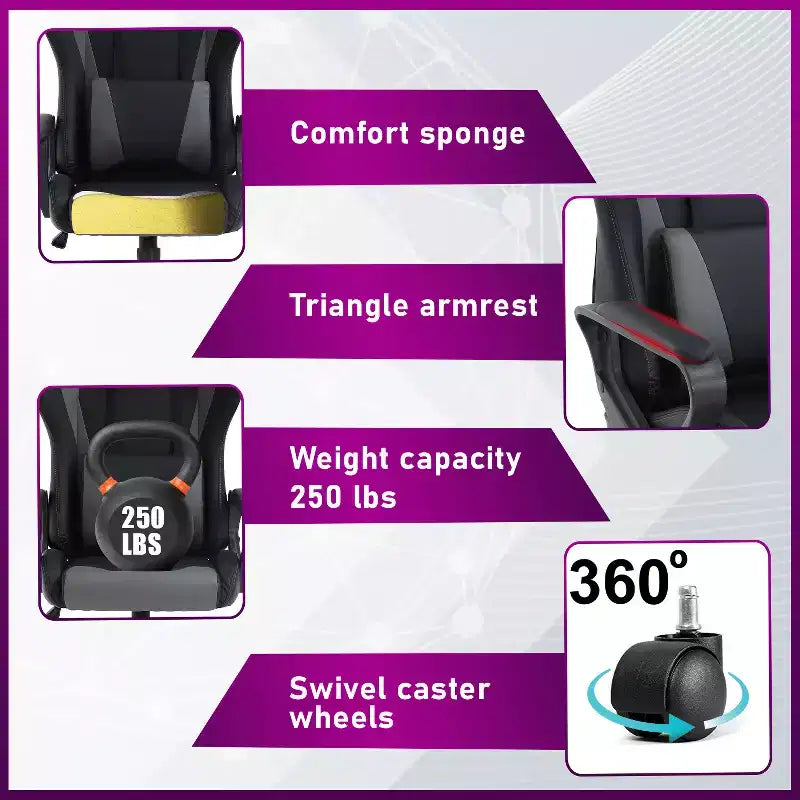 BestMassage Silla de escritorio para juegos Silla de oficina Silla de computadora con reposabrazos Soporte lumbar giratorio 360 Silla ejecutiva para adultos