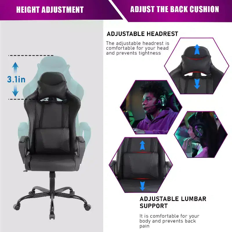 BestMassage Silla de escritorio para juegos Silla de oficina Silla de computadora con reposabrazos Soporte lumbar giratorio 360 Silla ejecutiva para adultos