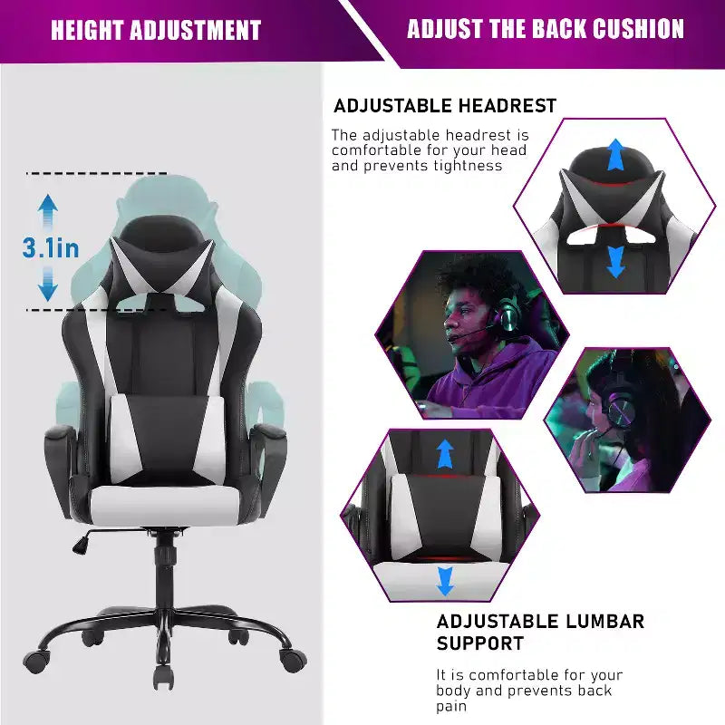 BestMassage Silla de escritorio para juegos Silla de oficina Silla de computadora con reposabrazos Soporte lumbar giratorio 360 Silla ejecutiva para adultos