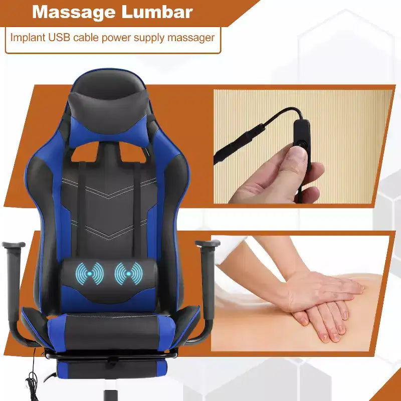 Silla de oficina para videojuegos BestMassage Racing con función de masaje, apoyo lumbar, cuero sintético, para adultos