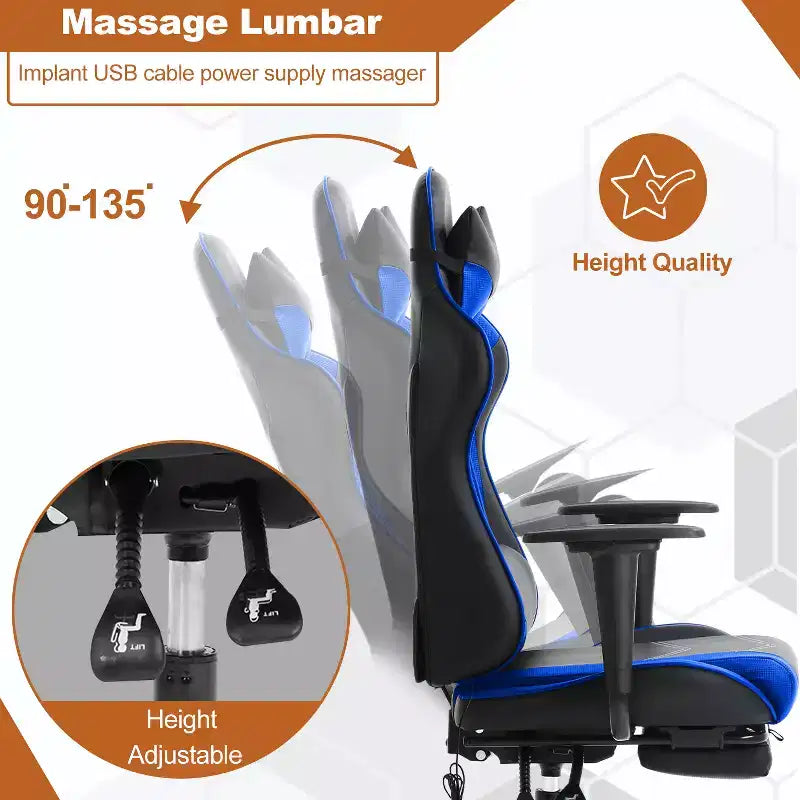 Silla de oficina para videojuegos BestMassage Racing con función de masaje, apoyo lumbar, cuero sintético, para adultos