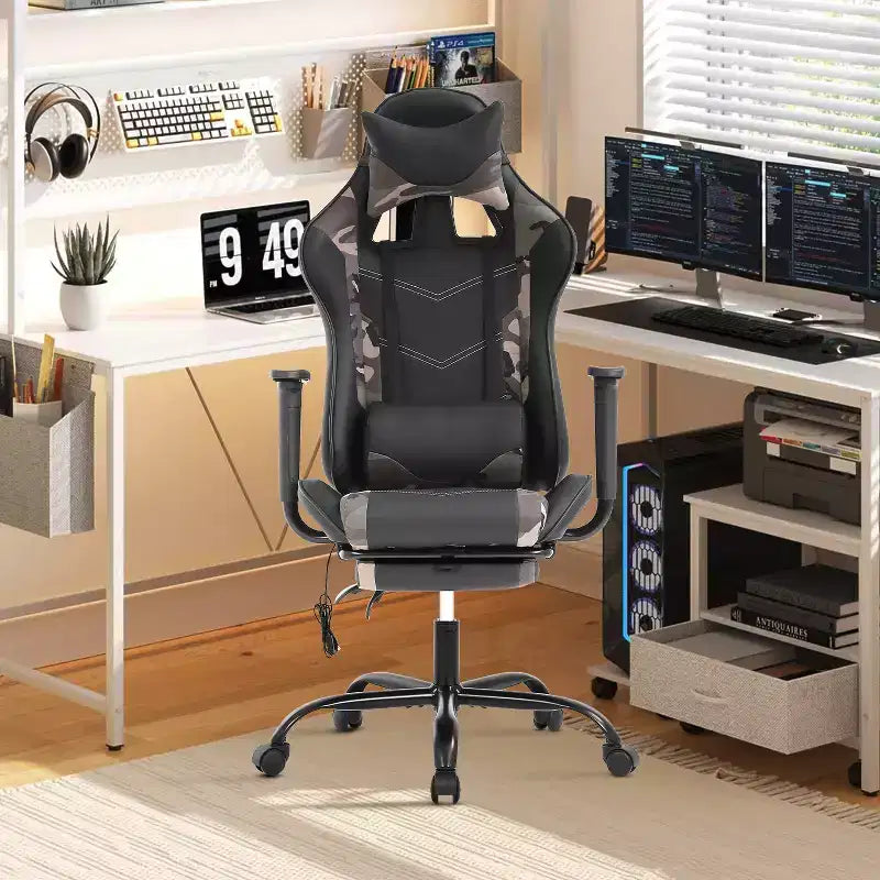 Silla de oficina para videojuegos BestMassage Racing con función de masaje, apoyo lumbar, cuero sintético, para adultos