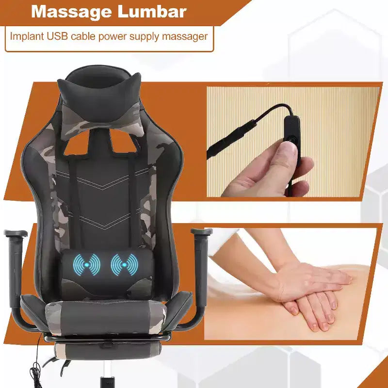 Silla de oficina para videojuegos BestMassage Racing con función de masaje, apoyo lumbar, cuero sintético, para adultos