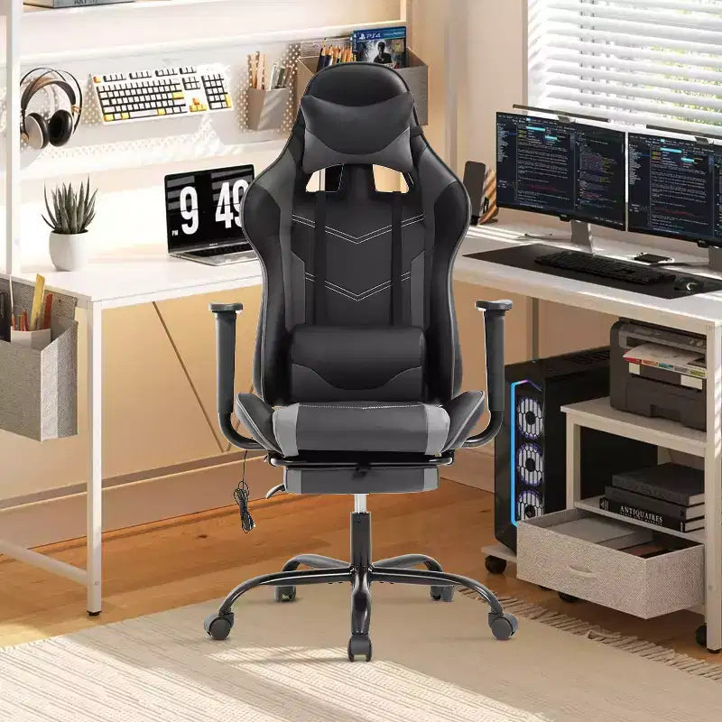 Silla de oficina para videojuegos BestMassage Racing con función de masaje, apoyo lumbar, cuero sintético, para adultos