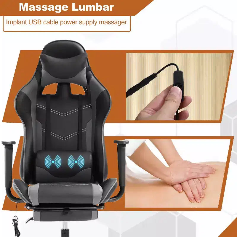 Silla de oficina para videojuegos BestMassage Racing con función de masaje, apoyo lumbar, cuero sintético, para adultos