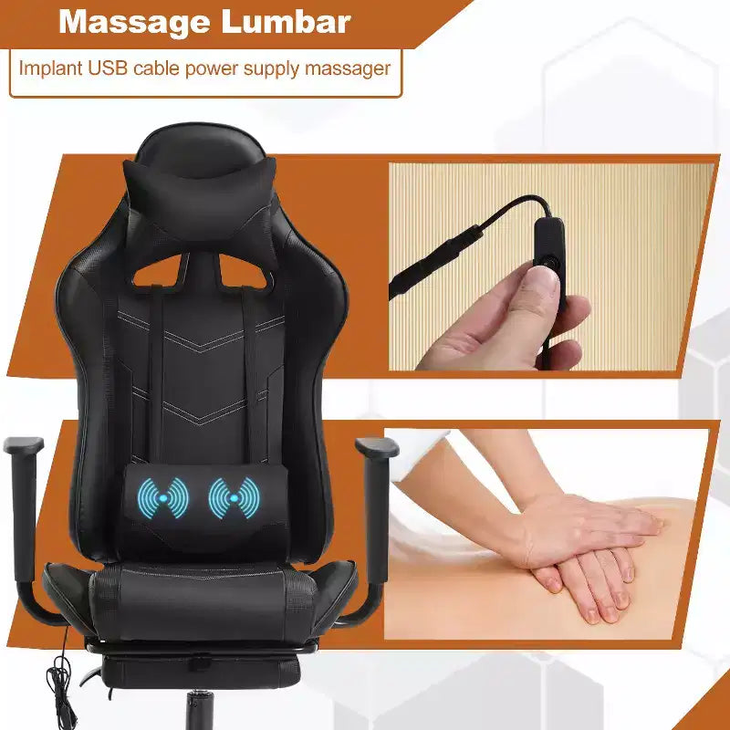 Silla de oficina para videojuegos BestMassage Racing con función de masaje, apoyo lumbar, cuero sintético, para adultos