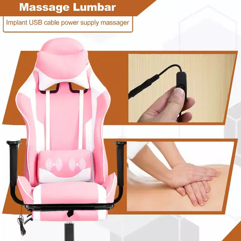 Silla de oficina para videojuegos BestMassage Racing con función de masaje, apoyo lumbar, cuero sintético, para adultos