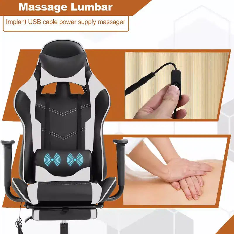 Silla de oficina para videojuegos BestMassage Racing con función de masaje, apoyo lumbar, cuero sintético, para adultos